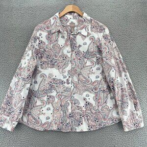 Chicos Shirt Womens 3 US Extra Large White Multi Paisley Button Roll Tab Sleeve
